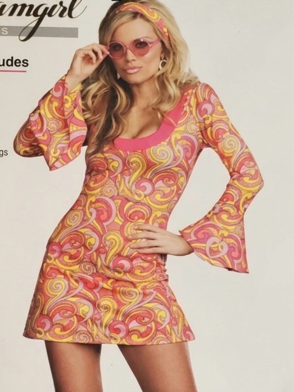 Dreamgirl GROOVY Pink & Yellow Swirl Long-Sleeve Mini Dress, size small 🎃✌🏻